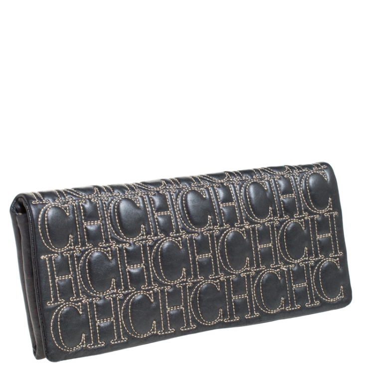 Pre Owned Carolina Herrera Dark Grey Monogram Leather Jerry Clutch