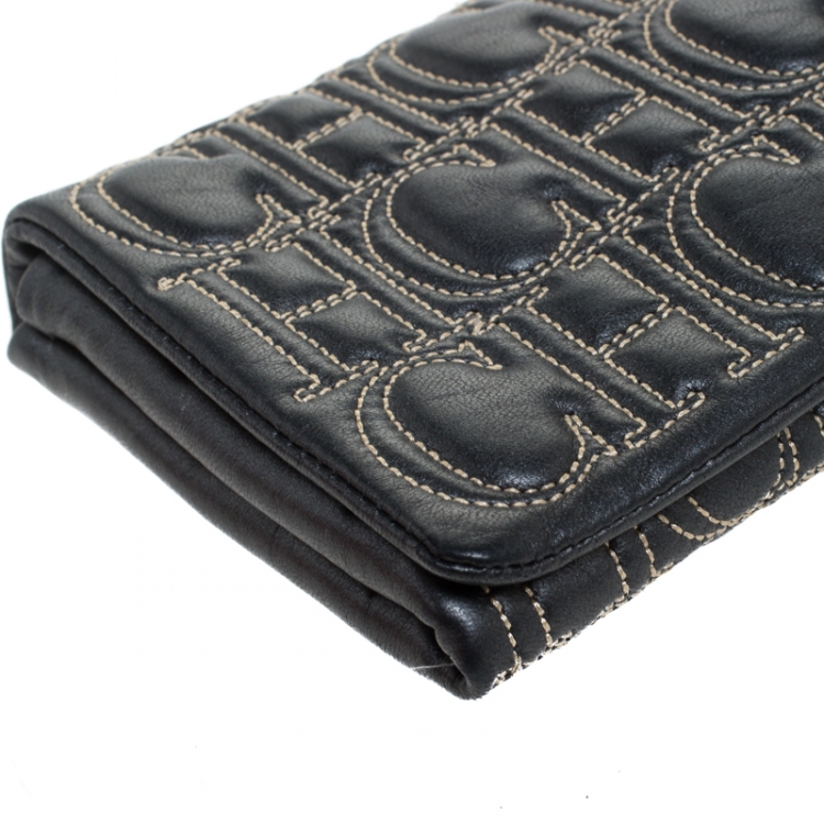 Pre Owned Carolina Herrera Dark Grey Monogram Leather Jerry Clutch