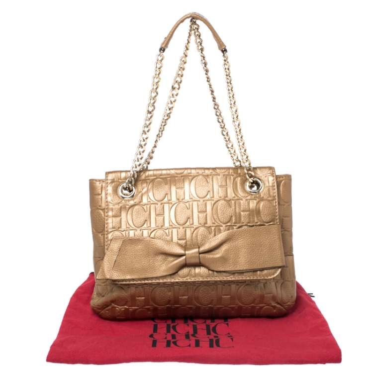 Pre Owned Carolina Herrera Bronze Monogram Leather Audrey Shoulder Bag