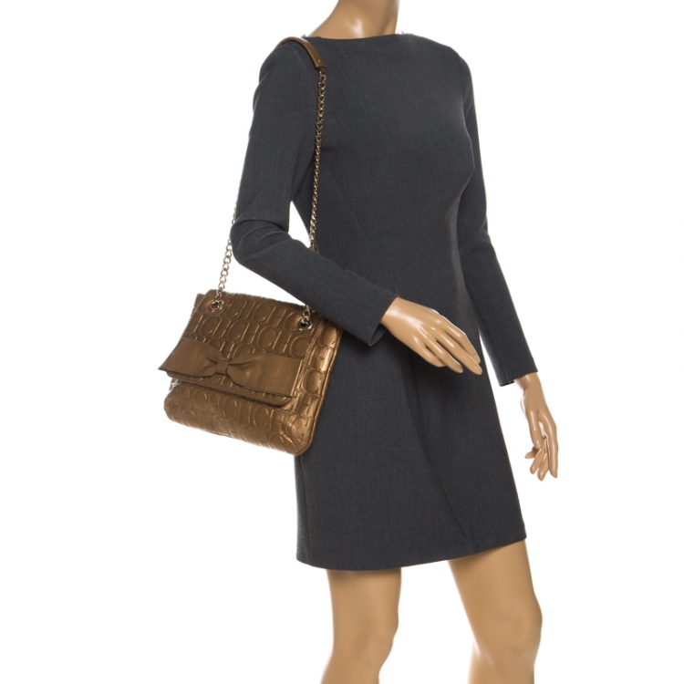 Pre Owned Carolina Herrera Bronze Monogram Leather Audrey Shoulder Bag