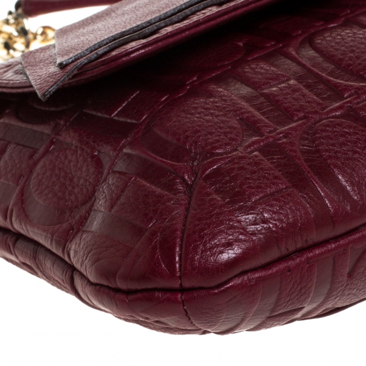Pre Owned Carolina Herrera Burgundy Monogram Leather Audrey Shoulder Bag