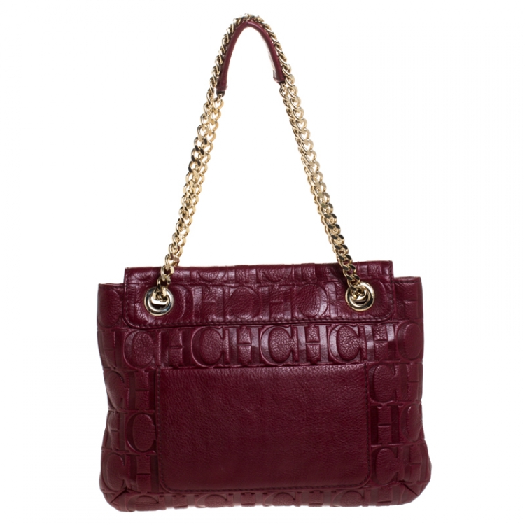 Pre Owned Carolina Herrera Burgundy Monogram Leather Audrey Shoulder Bag