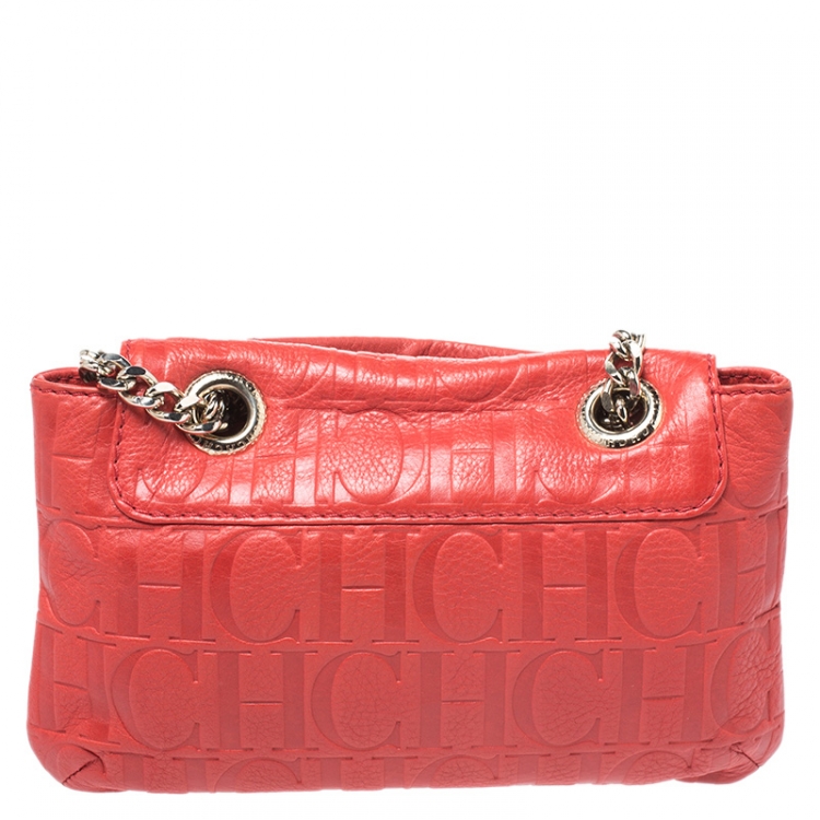 Pre Owned Carolina Herrera Orange Monogram Leather Audrey Shoulder Bag