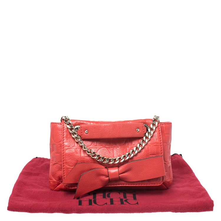 Pre Owned Carolina Herrera Orange Monogram Leather Audrey Shoulder Bag