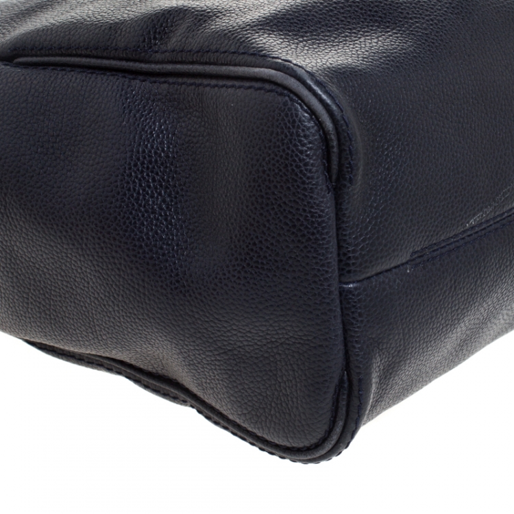 Pre Owned Carolina Herrera Navy Blue Leather Shopper Tote