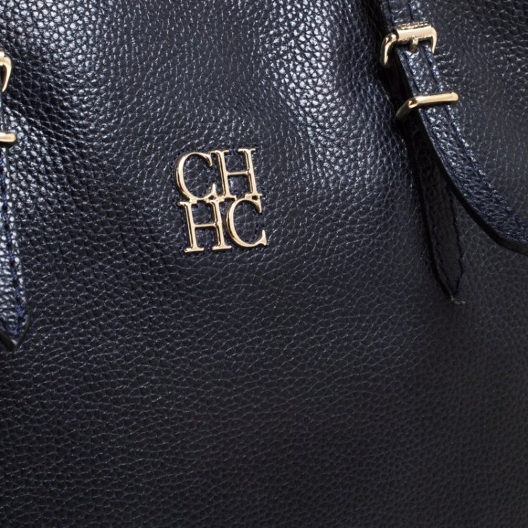 Pre Owned Carolina Herrera Navy Blue Leather Shopper Tote