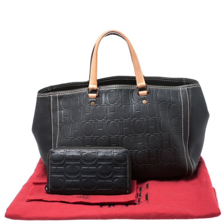 Pre Owned Carolina Herrera Black Monogram Leather Tote