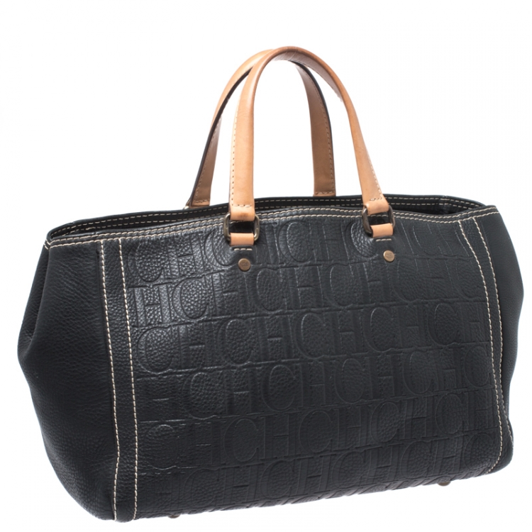 Pre Owned Carolina Herrera Black Monogram Leather Tote