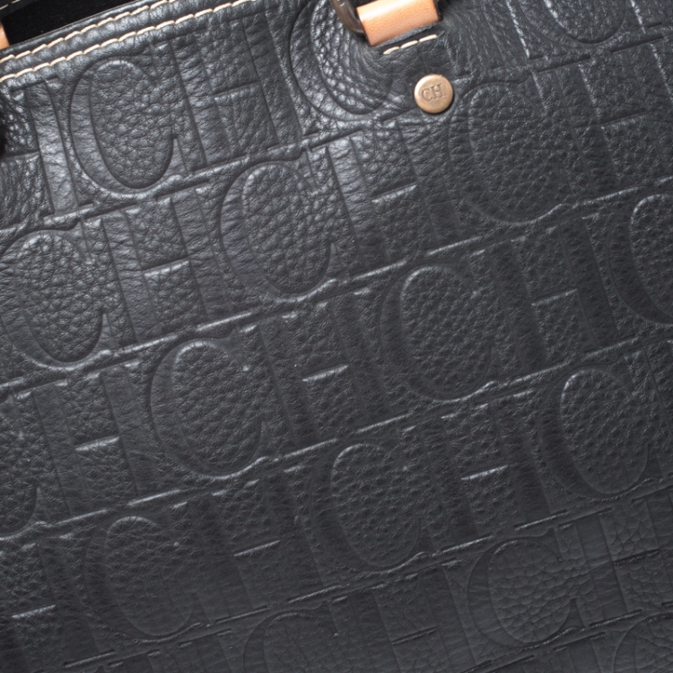 Pre Owned Carolina Herrera Black Monogram Leather Tote