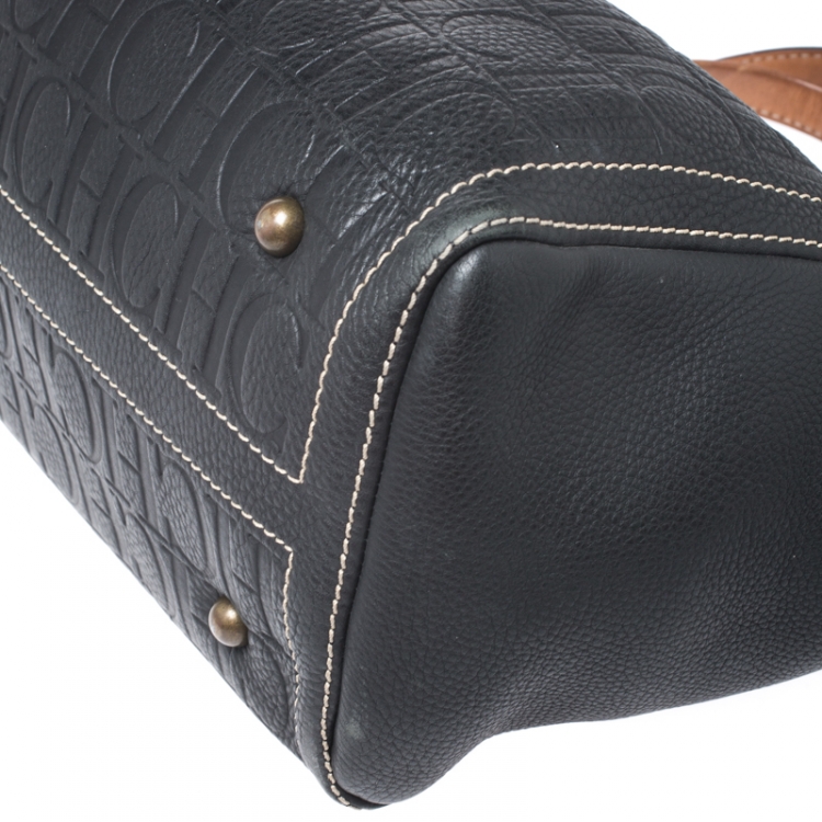 Pre Owned Carolina Herrera Black Monogram Leather Tote