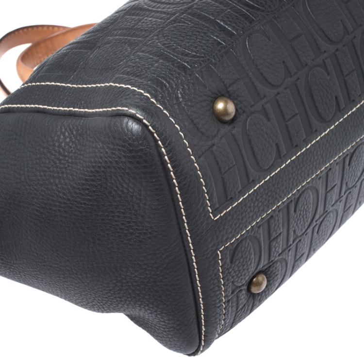 Pre Owned Carolina Herrera Black Monogram Leather Tote