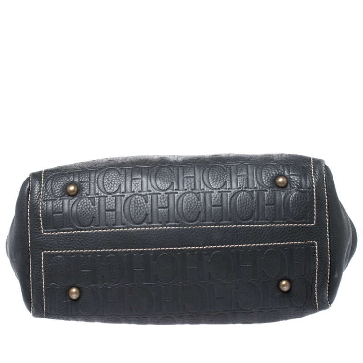 Pre Owned Carolina Herrera Black Monogram Leather Tote