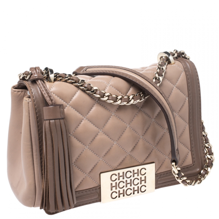 Pre Owned Carolina Herrera Beige Quilted Leather Tassel Shoulder Bag