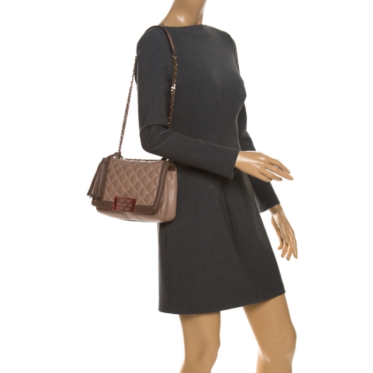 Pre Owned Carolina Herrera Beige Quilted Leather Tassel Shoulder Bag