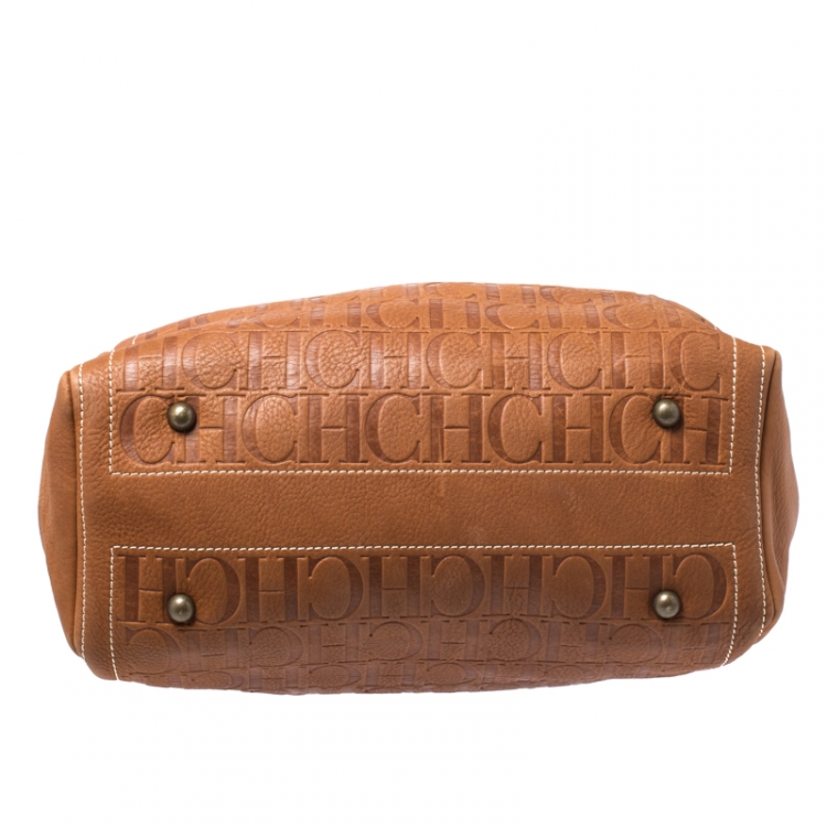 Pre Owned Carolina Herrera Brown Monogram Leather Shopper Tote