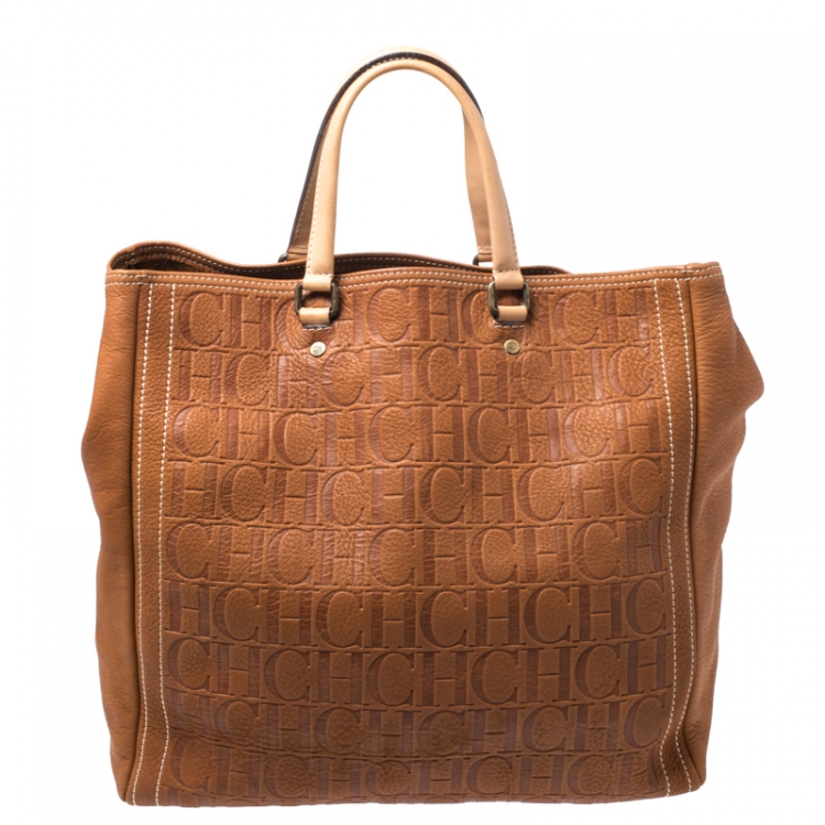 Pre Owned Carolina Herrera Brown Monogram Leather Shopper Tote
