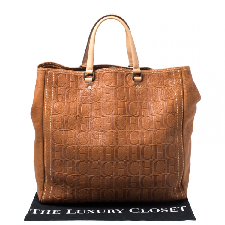 Pre Owned Carolina Herrera Brown Monogram Leather Shopper Tote