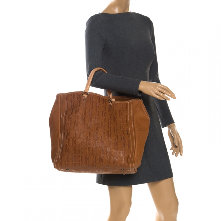 Pre Owned Carolina Herrera Brown Monogram Leather Shopper Tote