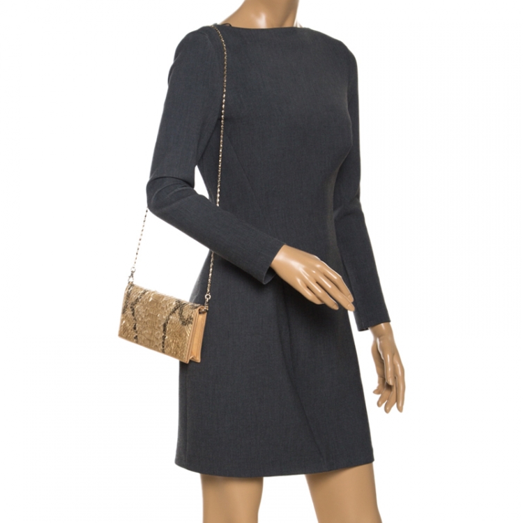 Pre Owned Carolina Herrera Metallic Gold Python Chain Clutch