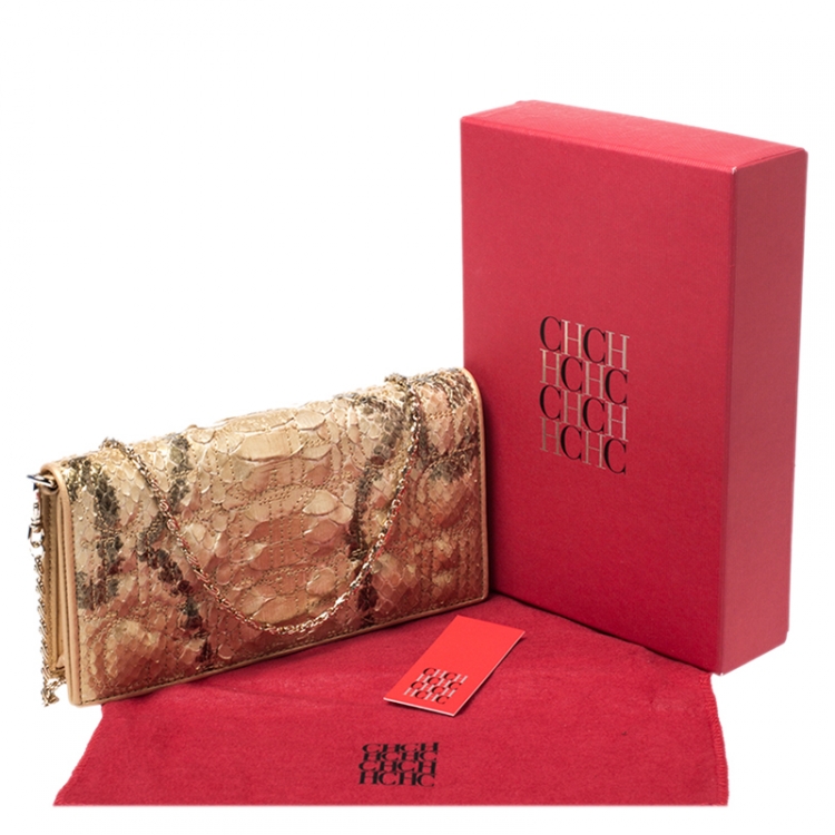 Pre Owned Carolina Herrera Metallic Gold Python Chain Clutch