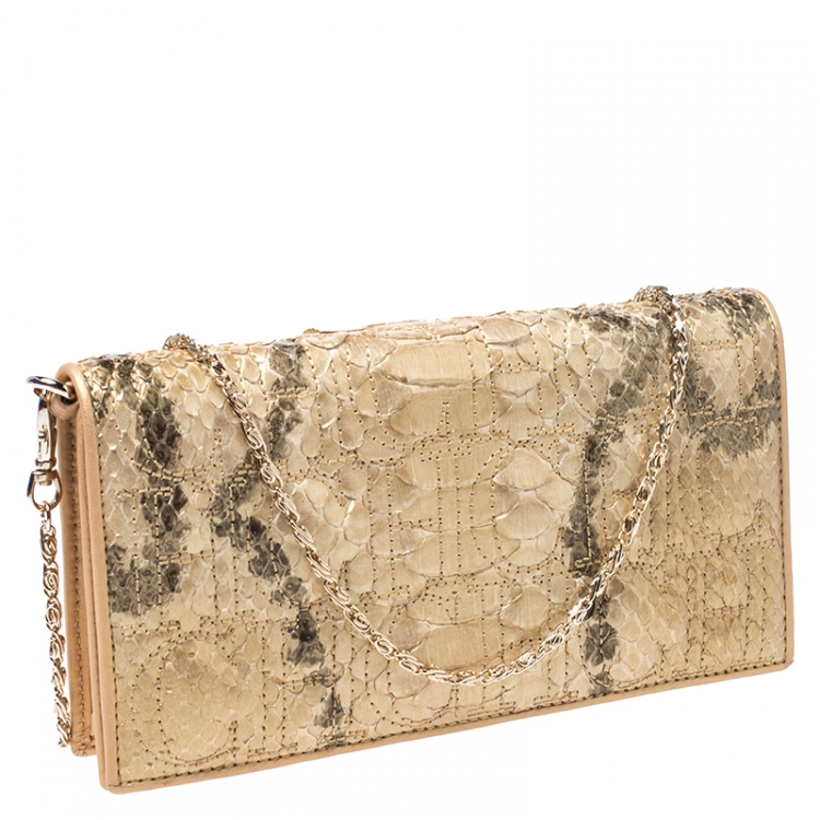 Pre Owned Carolina Herrera Metallic Gold Python Chain Clutch
