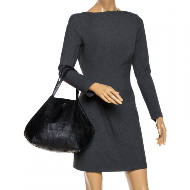 Pre Owned Carolina Herrera Black Monogram Leather Matryoshka Tote