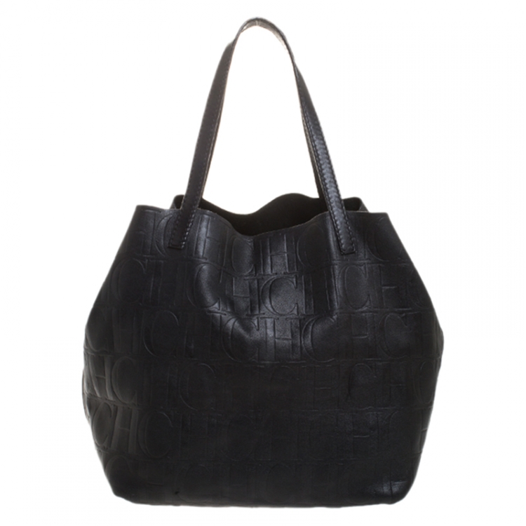 Pre Owned Carolina Herrera Black Monogram Leather Matryoshka Tote