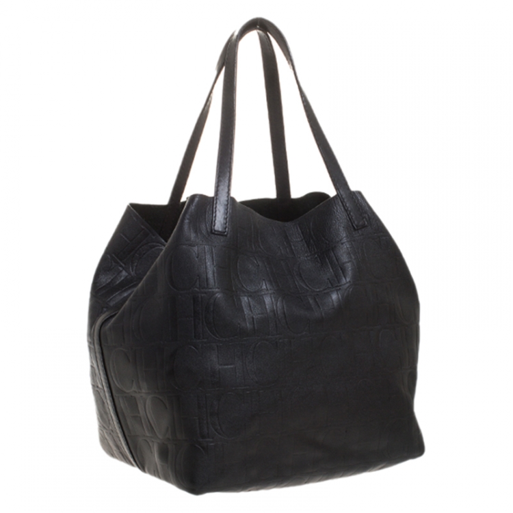 Pre Owned Carolina Herrera Black Monogram Leather Matryoshka Tote