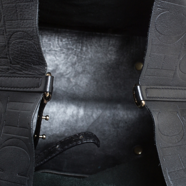 Pre Owned Carolina Herrera Black Monogram Leather Matryoshka Tote