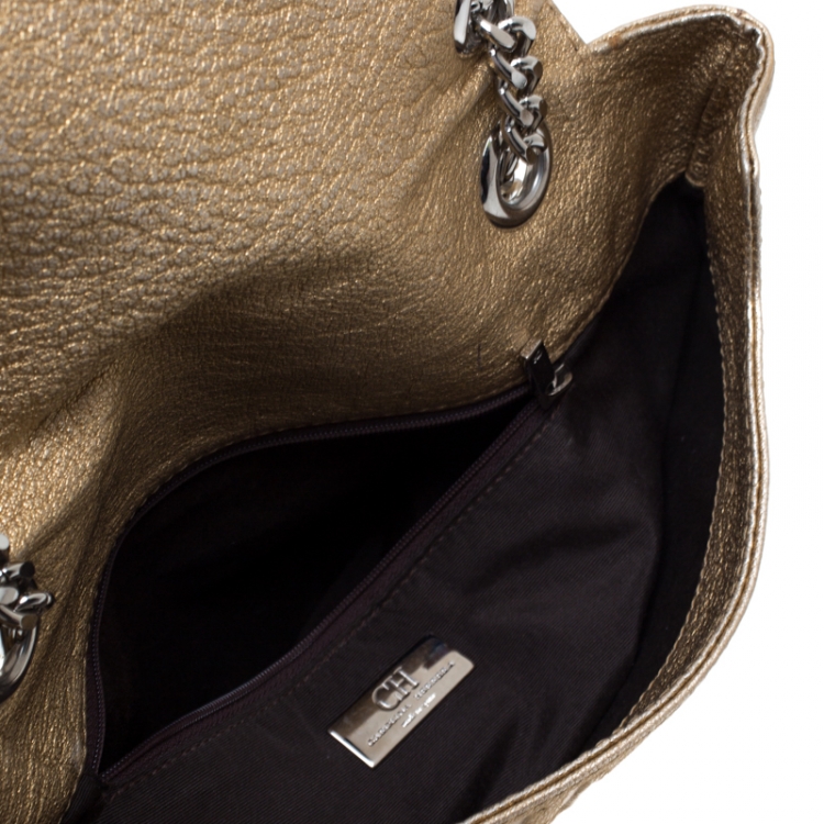 Pre Owned Carolina Herrera Gold Monogram Embossed Leather Bow Flap Shoulder Bag