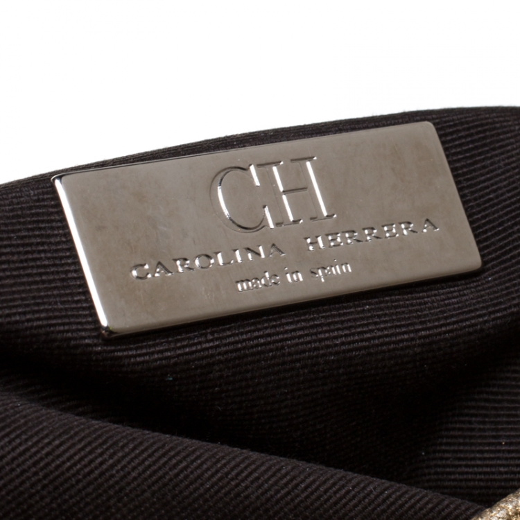 Pre Owned Carolina Herrera Gold Monogram Embossed Leather Bow Flap Shoulder Bag