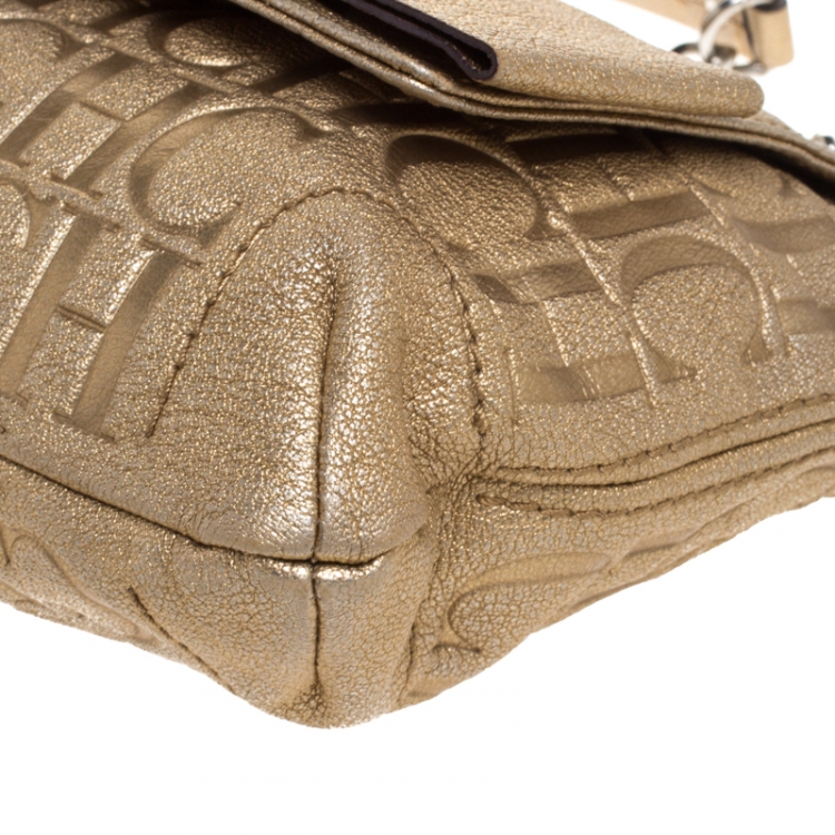 Pre Owned Carolina Herrera Gold Monogram Embossed Leather Bow Flap Shoulder Bag