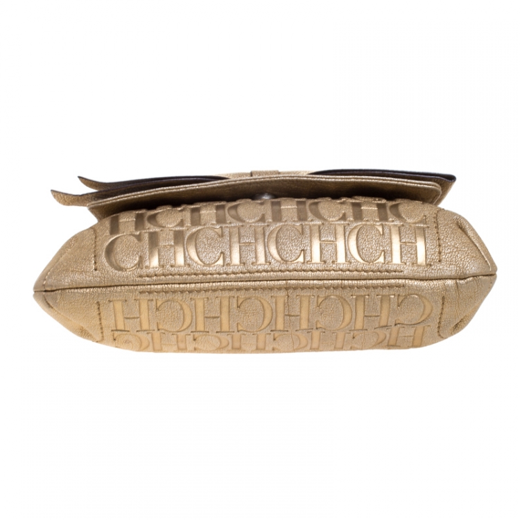 Pre Owned Carolina Herrera Gold Monogram Embossed Leather Bow Flap Shoulder Bag