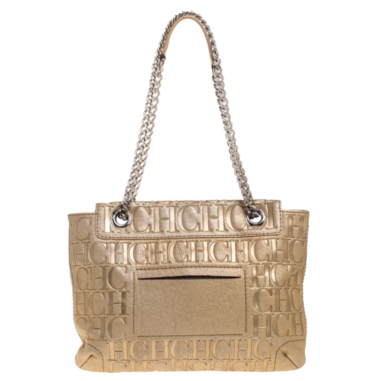 Pre Owned Carolina Herrera Gold Monogram Embossed Leather Bow Flap Shoulder Bag