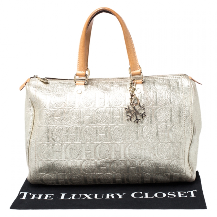 Pre Owned Carolina Herrera Metallic Gold Large Andy Boston Bag with Charm