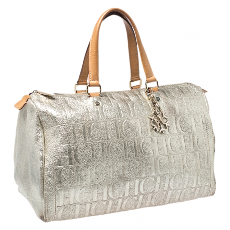 Pre Owned Carolina Herrera Metallic Gold Large Andy Boston Bag with Charm
