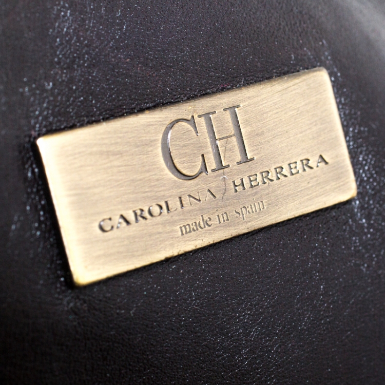 Pre Owned Carolina Herrera Red/Dark Brown Monogram Embossed Leather Shopper Tote