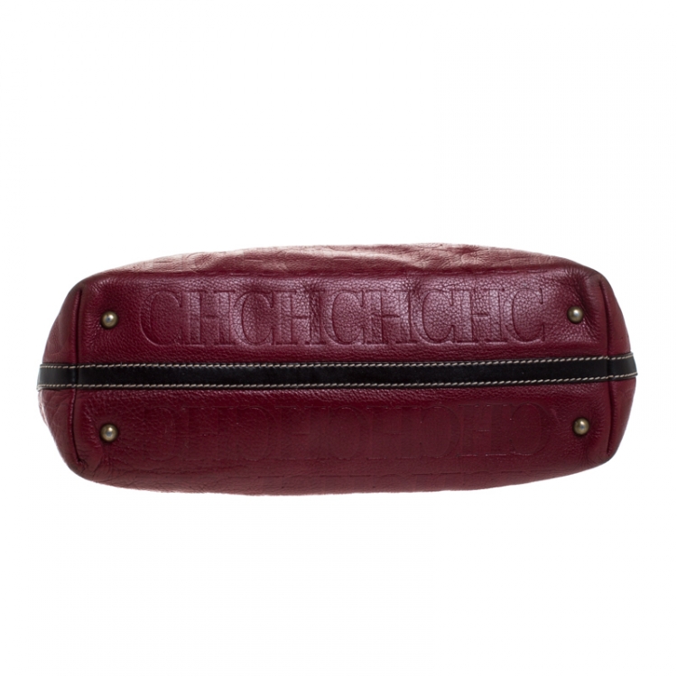 Pre Owned Carolina Herrera Red/Dark Brown Monogram Embossed Leather Shopper Tote