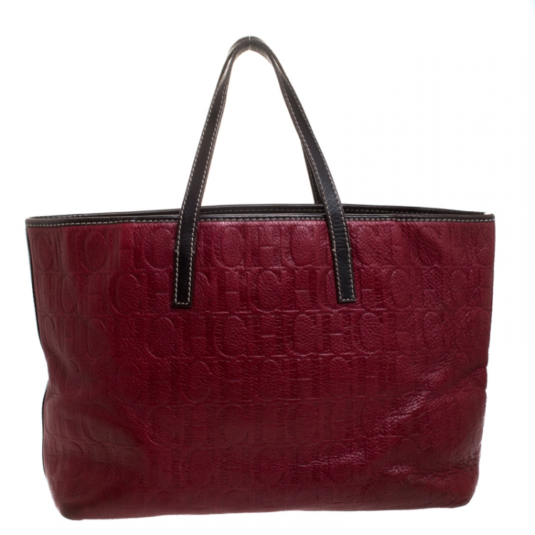 Pre Owned Carolina Herrera Red/Dark Brown Monogram Embossed Leather Shopper Tote