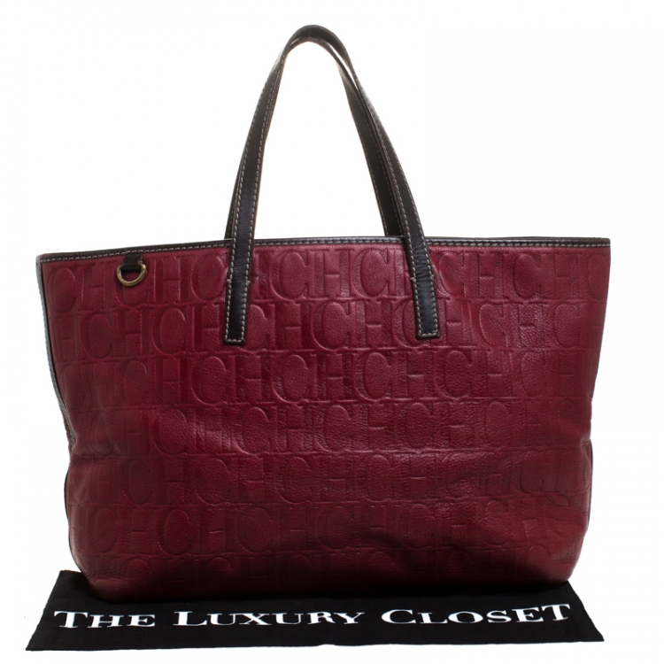 Pre Owned Carolina Herrera Red/Dark Brown Monogram Embossed Leather Shopper Tote
