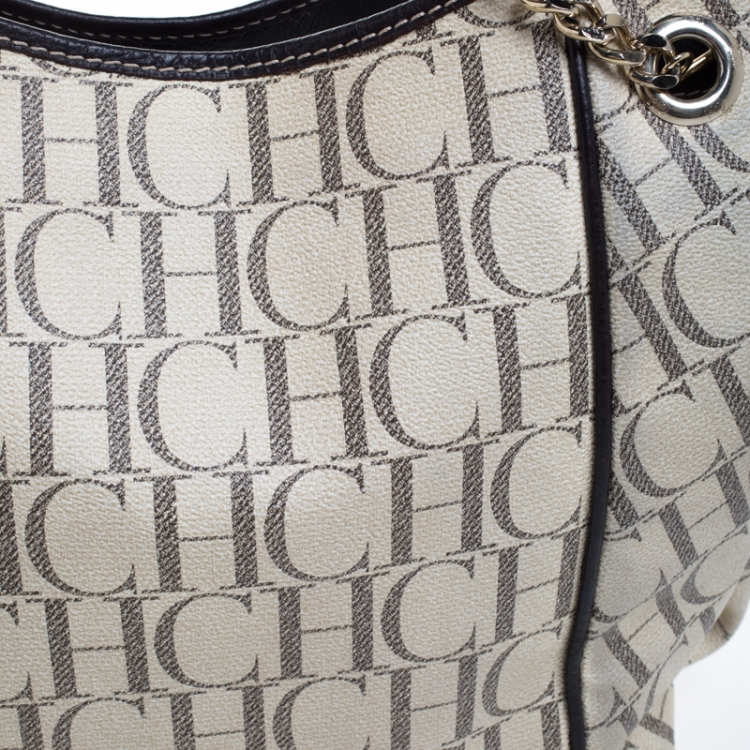 Pre Owned Carolina Herrera Off White Monogram Coated Canvas Chain Tote