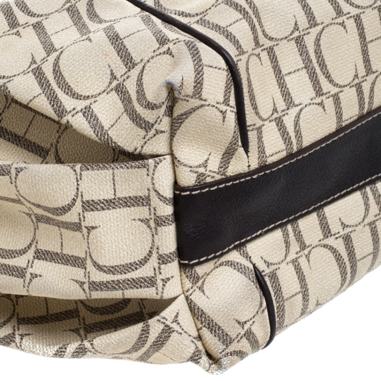 Pre Owned Carolina Herrera Off White Monogram Coated Canvas Chain Tote
