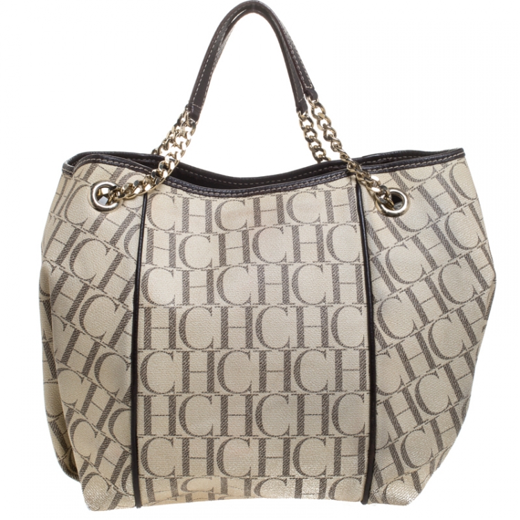Pre Owned Carolina Herrera Off White Monogram Coated Canvas Chain Tote