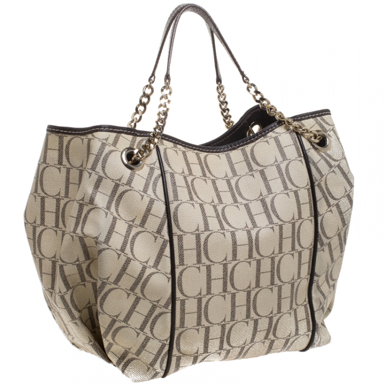 Pre Owned Carolina Herrera Off White Monogram Coated Canvas Chain Tote