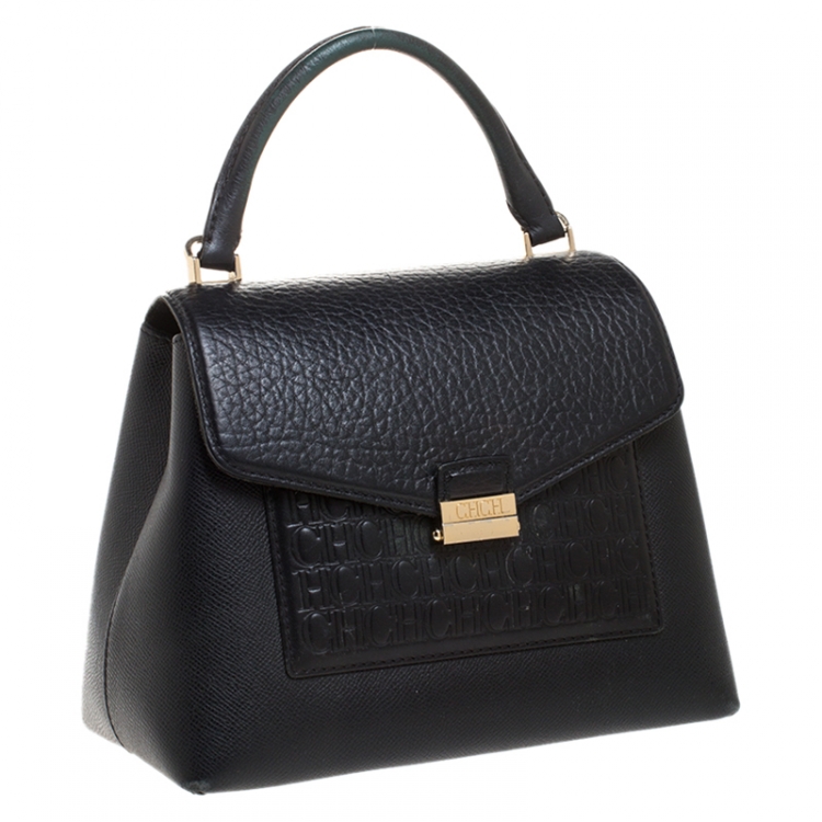 Pre Owned Carolina Herrera Blue Monogram Leather Top Handle Bag