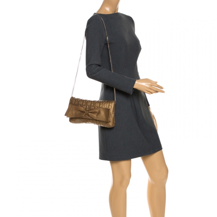 Pre Owned Carolina Herrera Gold Monogram Embossed Leather Bow Shoulder Bag