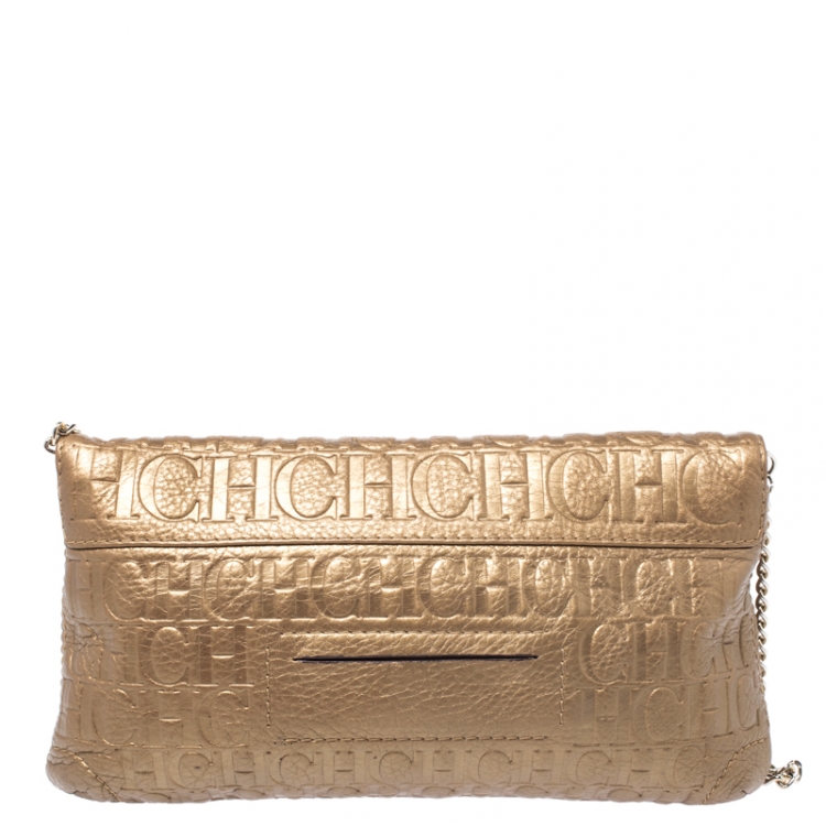 Pre Owned Carolina Herrera Gold Monogram Embossed Leather Bow Shoulder Bag