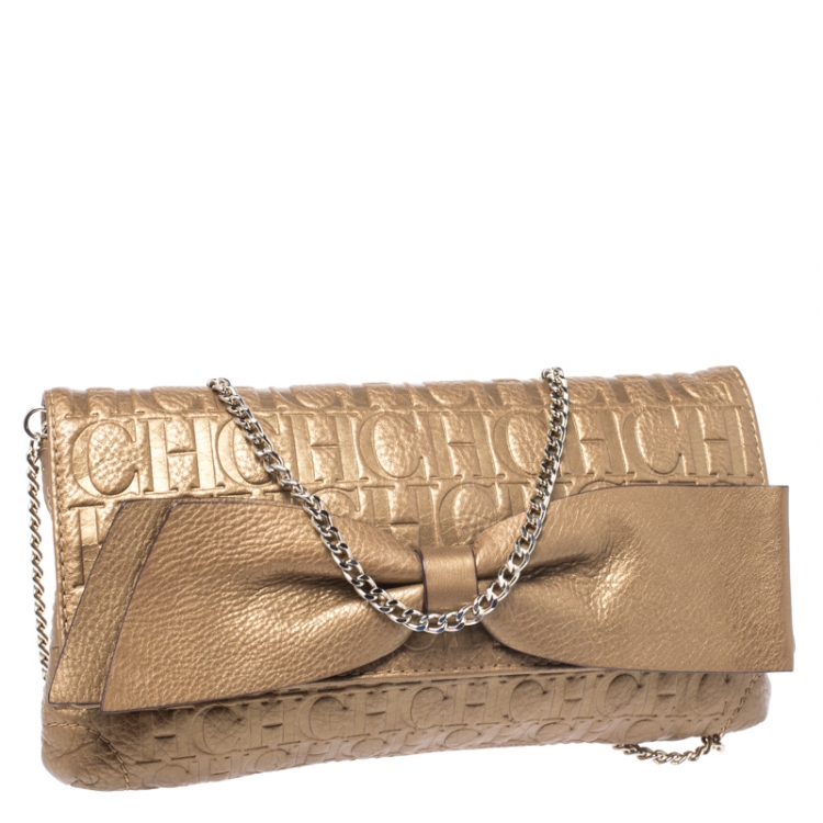Pre Owned Carolina Herrera Gold Monogram Embossed Leather Bow Shoulder Bag