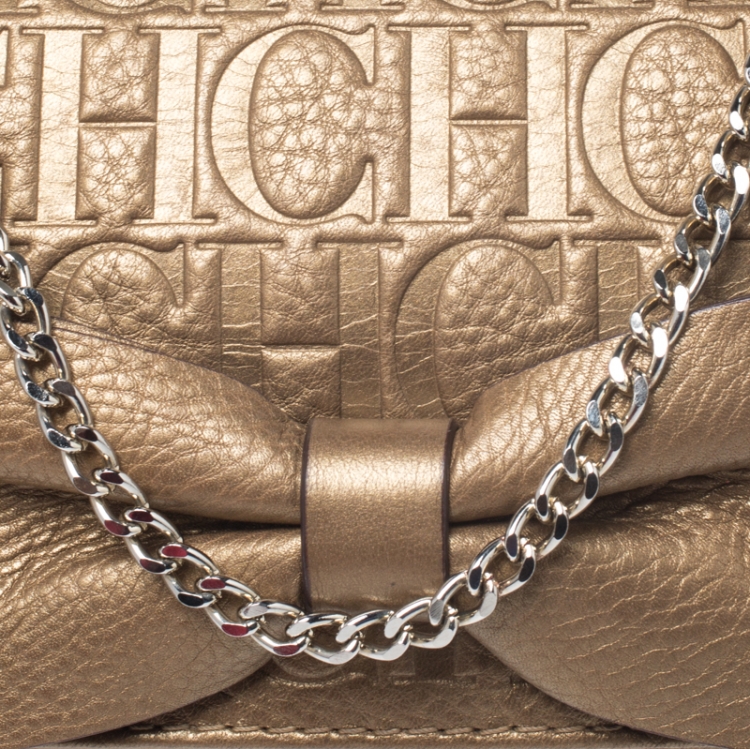 Pre Owned Carolina Herrera Gold Monogram Embossed Leather Bow Shoulder Bag