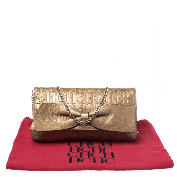 Pre Owned Carolina Herrera Gold Monogram Embossed Leather Bow Shoulder Bag